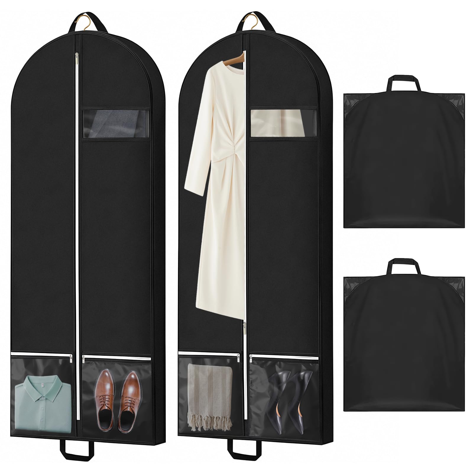 Fourindo 2 Pack 54 Inch Garment Bags, Heavy Duty Nonwoven Suit Bags with Handles and PVC Window for Travel & Storage, Hanging Clothes Cover for Suits, Dresses, Coats (Black, 137x60x10cm)