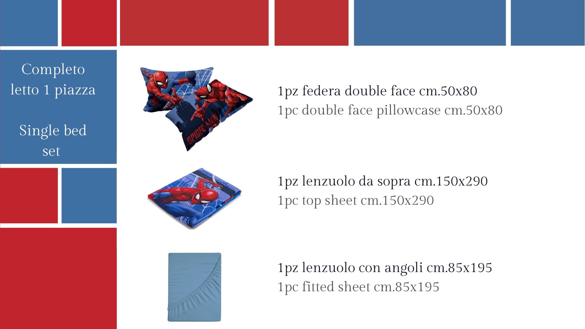 Disney Parure de lit Simple, Drap de Dessus, Drap de Dessus, taie d'oreiller, Bleu, 100% Coton, Produit Officiel