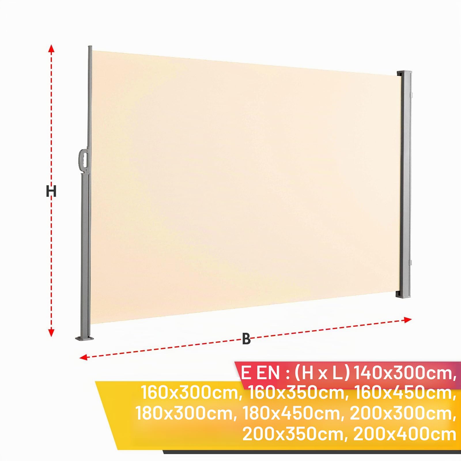 Floordirekt Store latéral en aluminium, 180 x 450 cm, beige, extensible, brise-vue et protection solaire, pour balcon et terrasse, polyester 280 g/m² (PU), protection UV UPF50+, avec support au sol