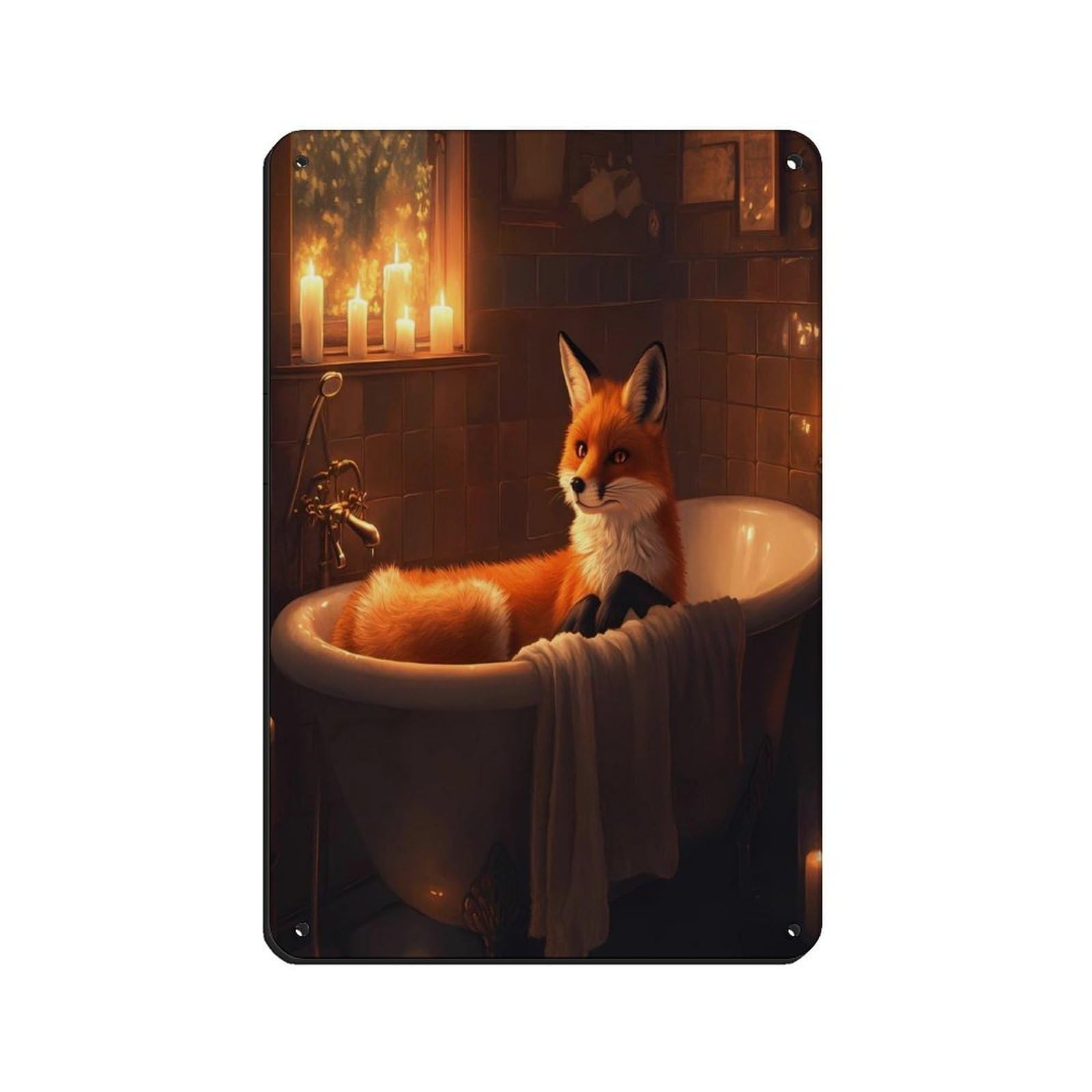 Cozy Fox in Bathtub, Relaxing Fox Tin Sign Vintage Metal Pub Club Cafe Bar Home Wall Art Decoration Poster Retro 8x12inch(20x30cm)