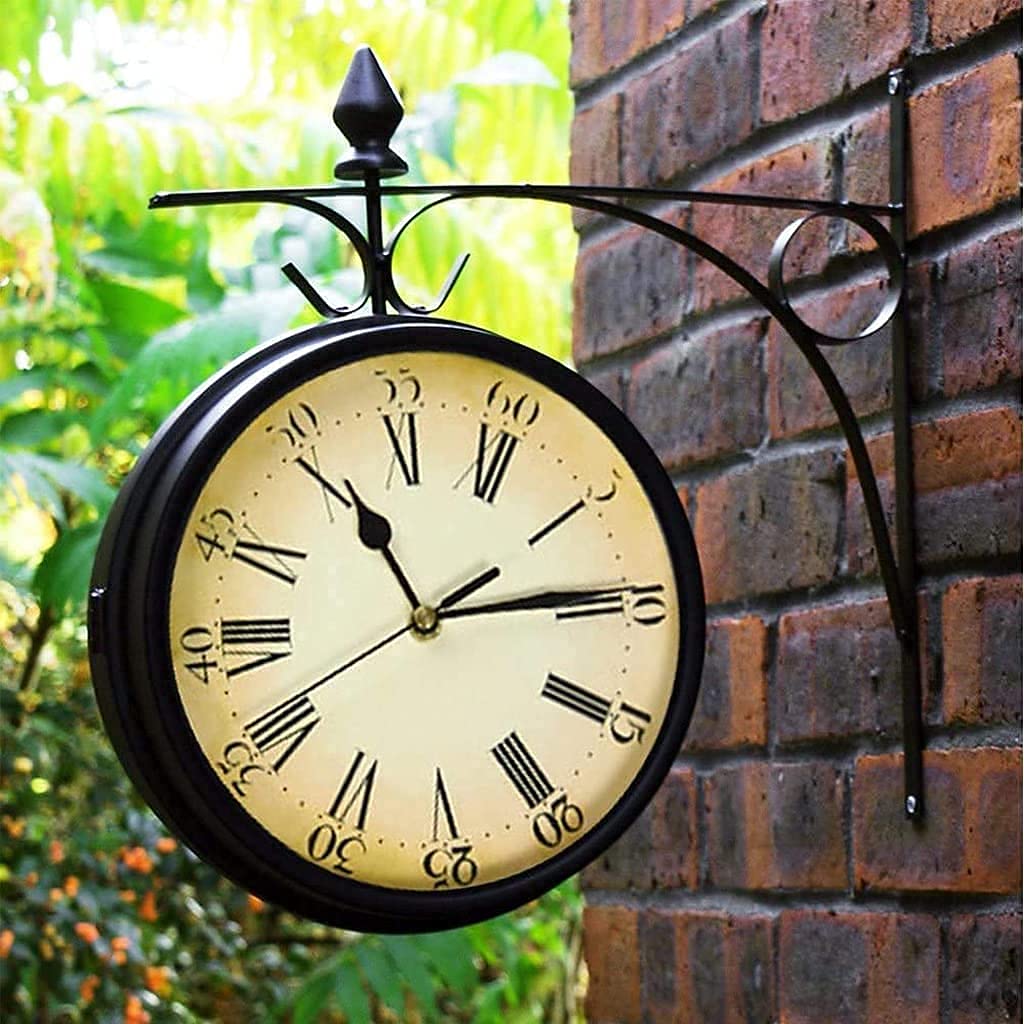 Zegar ścienny, zewnętrzny zegar ścienny ogrodowy, 20 cm retro dwustronny kreatywny zegar ścienny do dekoracji domu z zewnętrznym stojakiem, dekoracja wnętrz zegarek na ścianę, salon, taras