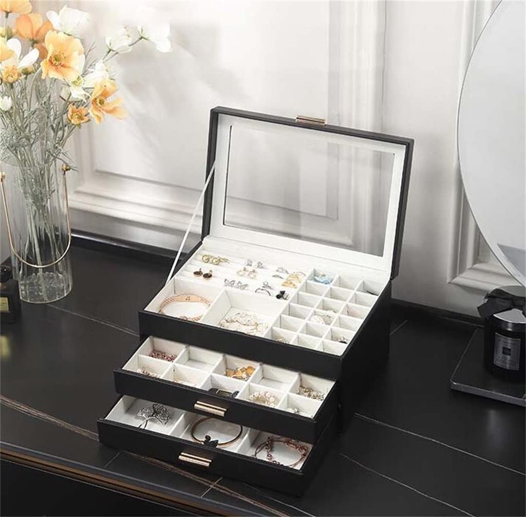 Caja de Almacenamiento de Joyas de Tres Niveles para Collares, Pendientes y Anillos, de Cuero sintético PU.