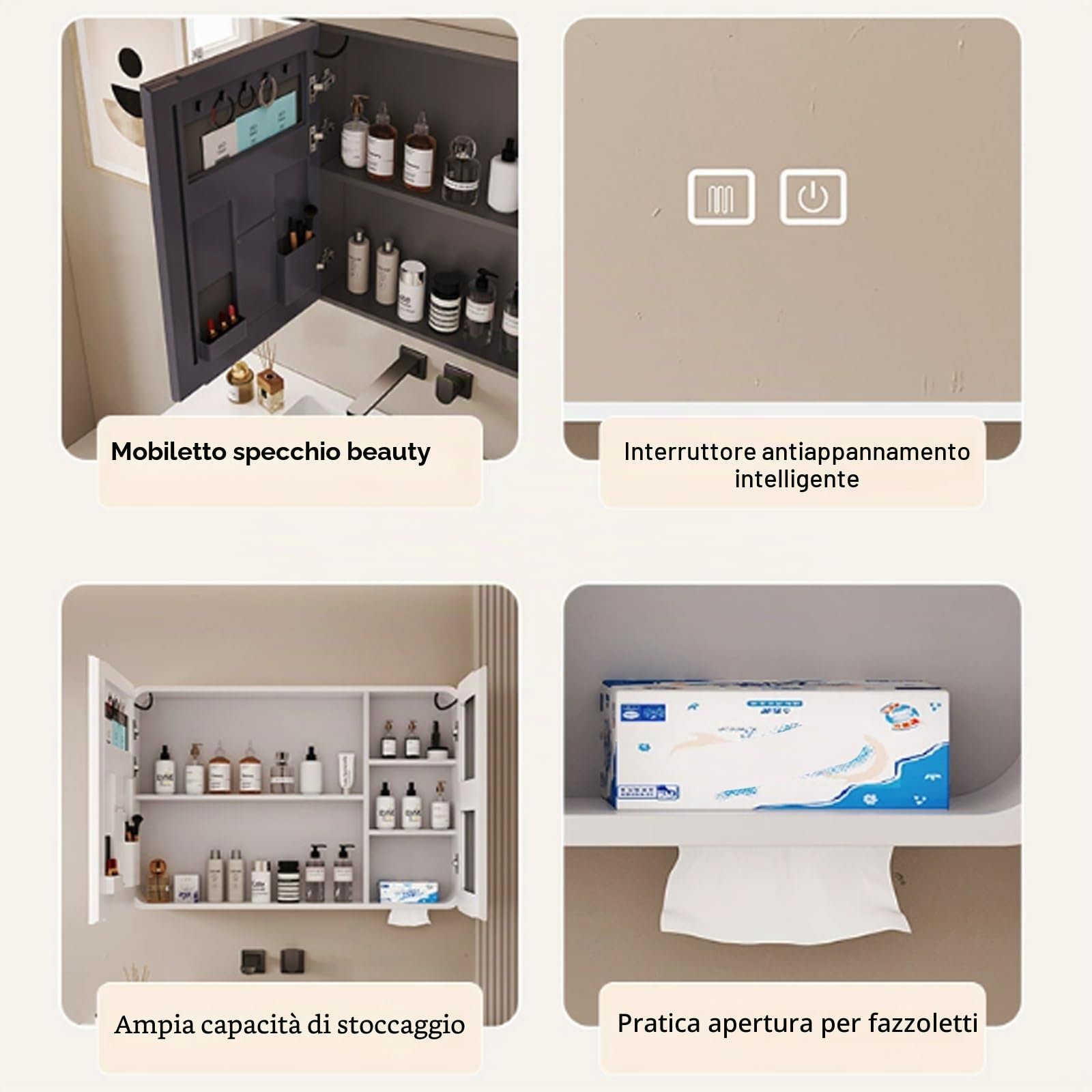 Specchio Bagno Contenitore Anti-Appannamento Smart Con LED, Dimmerazione Continua, Touch Control, Da Parete ( Color : White