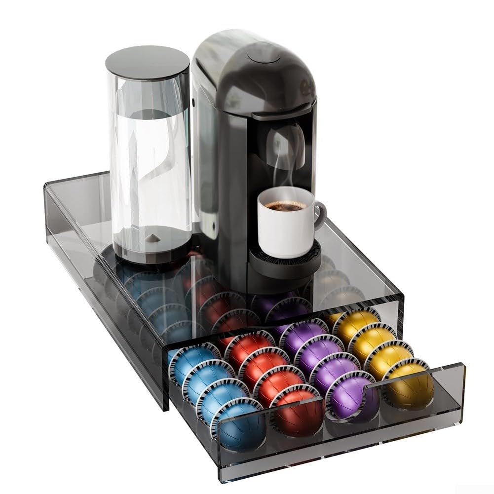 Soporte acrílico negro para cápsulas de café para máquinas compatibles, caja de almacenamiento de 40 cápsulas con guía deslizante suave y mango moderno minimalista organizador de cocina