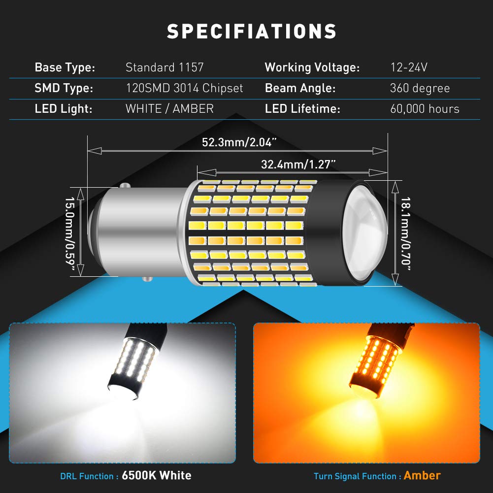 KATUR super jasne 1157 2057 2357 7528 BAY15D P21/5W przełączane żarówki LED białe/bursztynowe 3014 120SMD z projektorem do świateł kierunkowskazów i świateł do jazdy dziennej/DRL (4 sztuki)