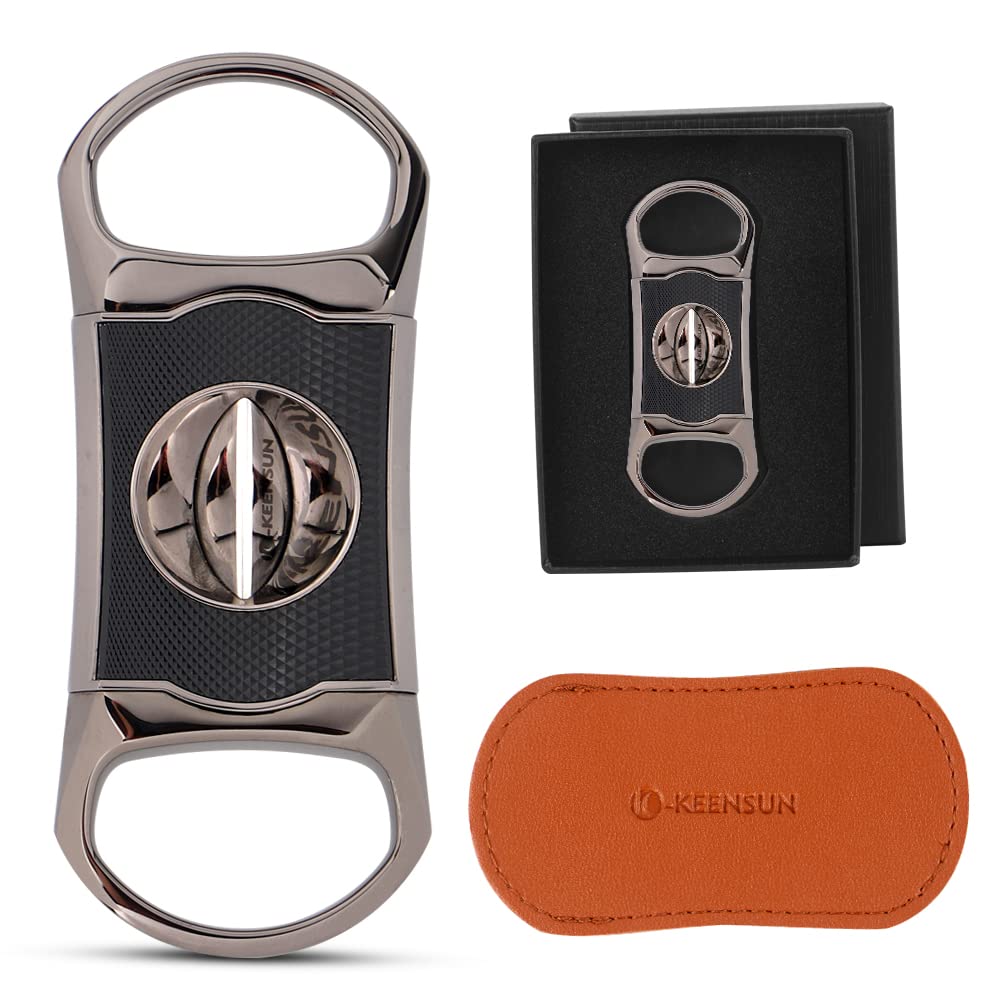 KEENSUNZinc Alloy V-Cut Cigar Cutter (Gun Color and Black CNC Engraved Diamond Shell), 60 Ring Gauge, Stainless Steel Cut Blade with Leather Case and Gift Box