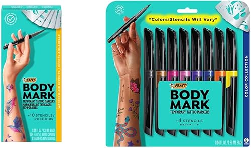 BIC BodyMark - Marcadores temporales de tatuaje para piel efectos de acuarela y marcadores temporales de tatuaje BodyMark para piel colección de