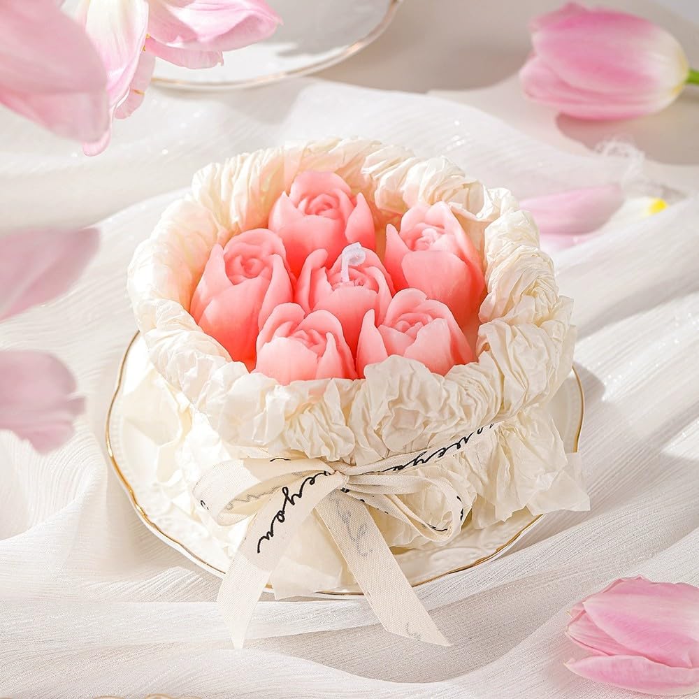 Handmade Floral Bouquet Candle, Scented Peony & Rose Shape, Gift for Women, Home Décor, Aromatherapy, Small (2.8"x2.4", 3 Flowers) & Large (3.6"x3", 5 Flowers) – Pink & Rose Red (Pink, Large)