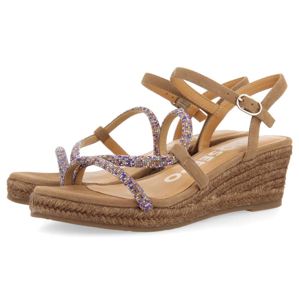 GIOSEPPO Sandalias Taupe con Tiras con Cristales Multicolor Y CUÑA DE Yute para Mujer TRESCO