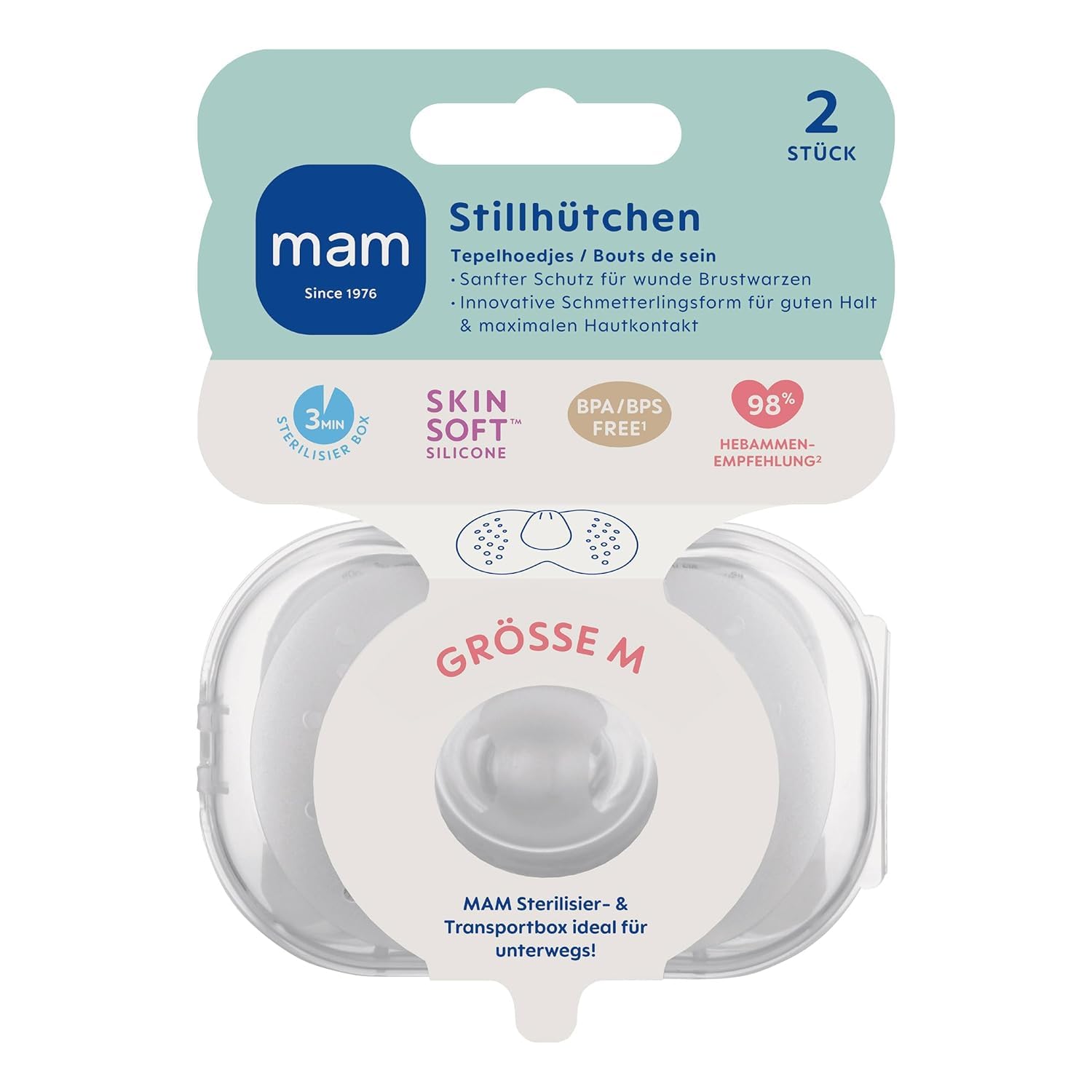 MAM Lot de 2 protège-tétons extra souples pour l'allaitement, taille M (Ø 20 mm), offrent un contact cutané maximal entre la mère et le bébé