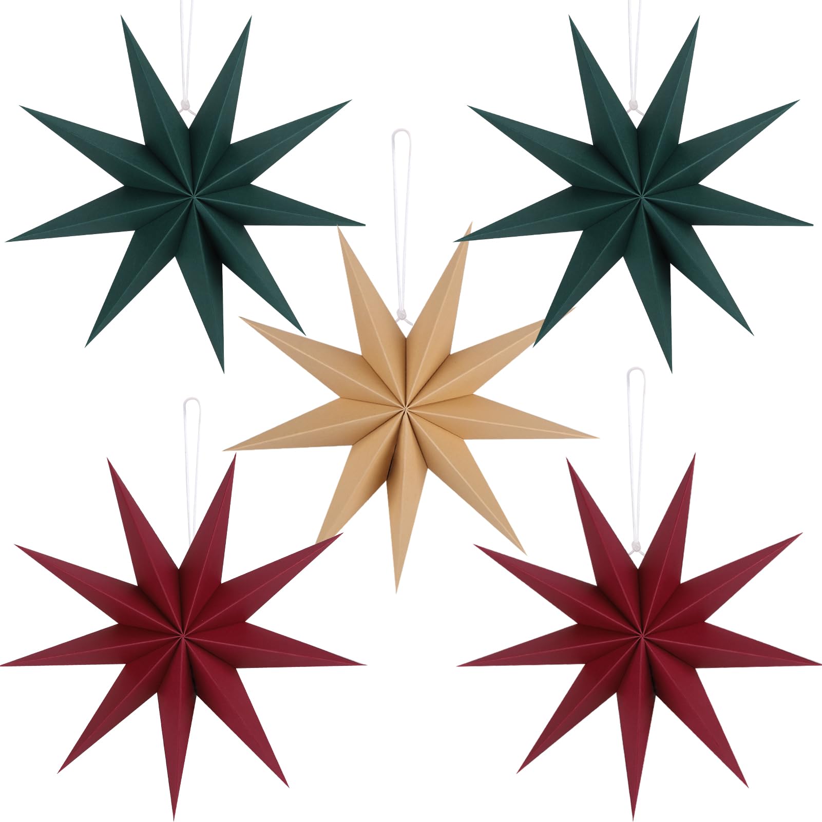 12 Inches 5 PCS Wine Red Green Brown Paper Star Lanterns Christmas Party Decorations Hanging Stars Christmas Party Decorations Wedding Birthday Christmas Home Party Decorations(9 Pointed)