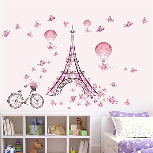 BIBITIME Calcomanías románticas de pared de la Torre Eiffel de Francia París para habitación de niñas, flores, bicicleta, mariposas, globo