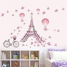 Anniversary Mothers Day Romantic France Paris Eiffel Tower Wall Decals for Girls Room Flower Bike Butterflies Hot Air Balloon Vinyl Sticker Valentines Day Wedding Couple Bedroom Home Art Mural DIY Peel and Stick