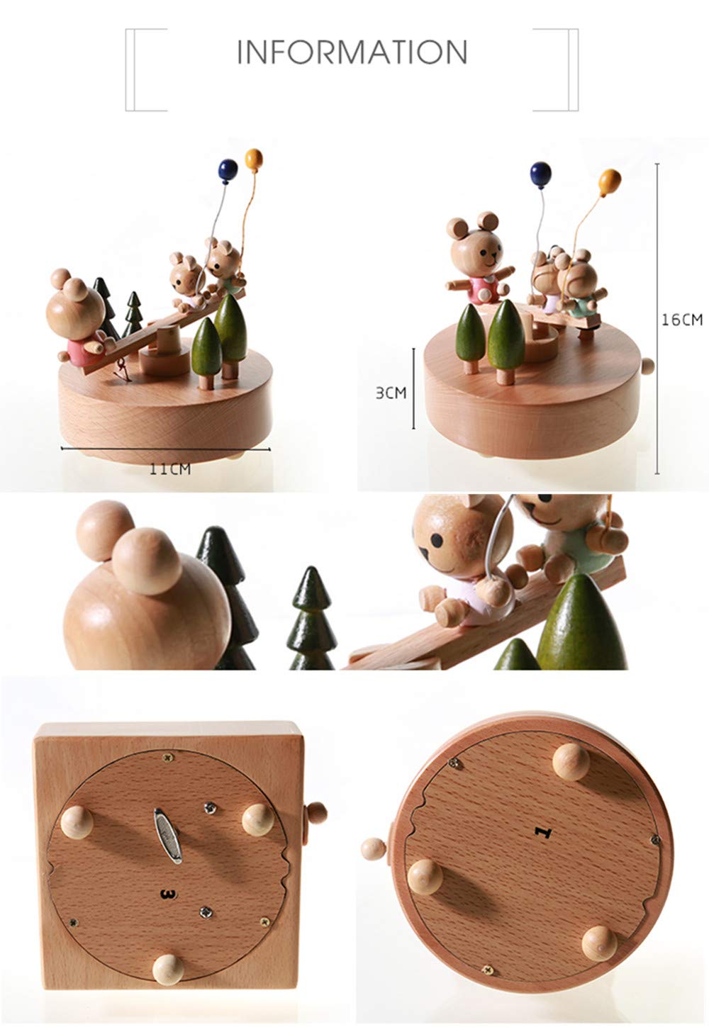 Scénarios Innovants Boîte à Musique en Bois, Premier Boîte à Musique Créatif Main Manivelle Boîte Décorative en Bois Cadeau et Décorations Idée pour Anniversaire, Noël - Ours Lapin Bascule