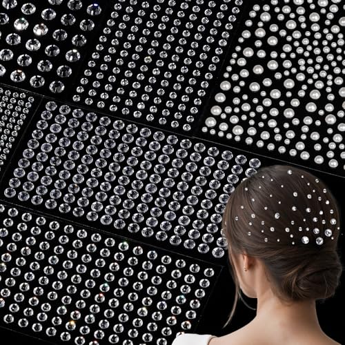 Teenitor 2662 Pcs Hair Gems Hair Pearls Face Gems 12 Sheets Self Adhesive Face and Hair Jewels Bling Hair Accessories Hair Face Jewels 3/4/5/6/8mm Hair Pearls Gems Stick on