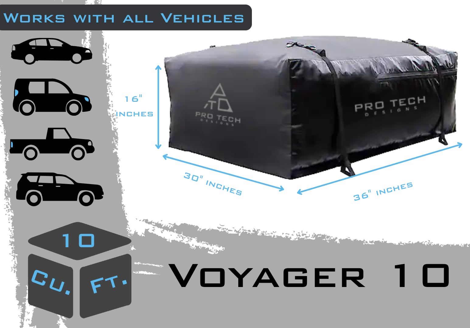 Voyager 10 Cubic Feet Waterproof Rooftop Cargo Roof Bag, No Roof Rack Needed UV-Protected PVC Semi-Coated Mesh, Welded Seams, Water Seal Zipper, 36