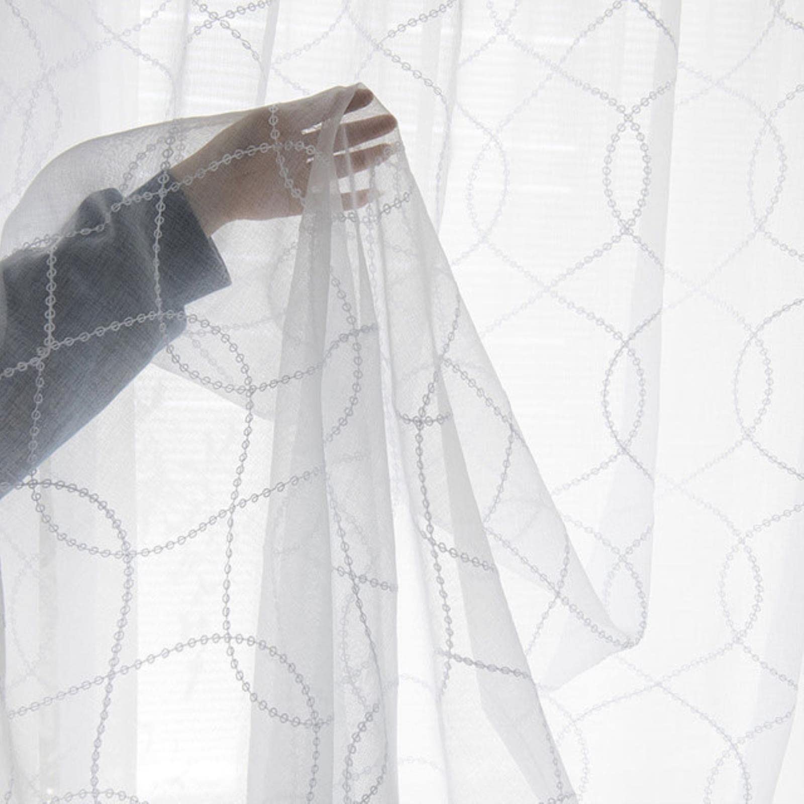 Rideaux de Tulle de Broderie Blanche pour Le Rideau de Voile Transparent de Courbe de géométrie de Salon pour Le drapé de Chambre à Coucher
