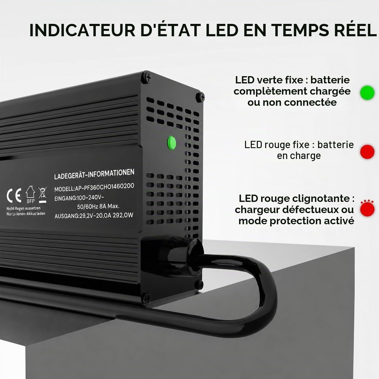 Chargeur de batterie LiFePO4 29,2 V 20 A - 3 niveaux - Automatique - Chargeur de batterie au lithium intelligent LiFePO4 - Convient pour batterie au lithium 24 V (25,6 V) avec protection complète