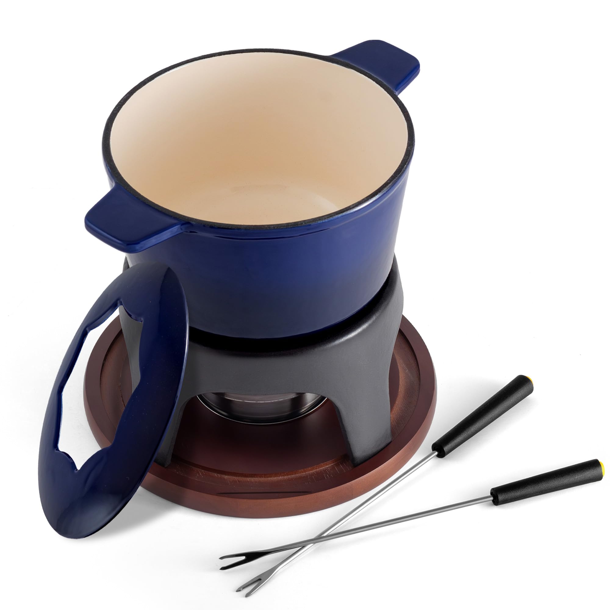 Sierra Cast Iron Fondue Set, 1.6 Quart / 1.6 Liter – Perfect for Meat, Cheese, & Chocolate Fondues – Ideal for Family Bonding & Hosting Gifts - 12-Pieces, Deep Blue