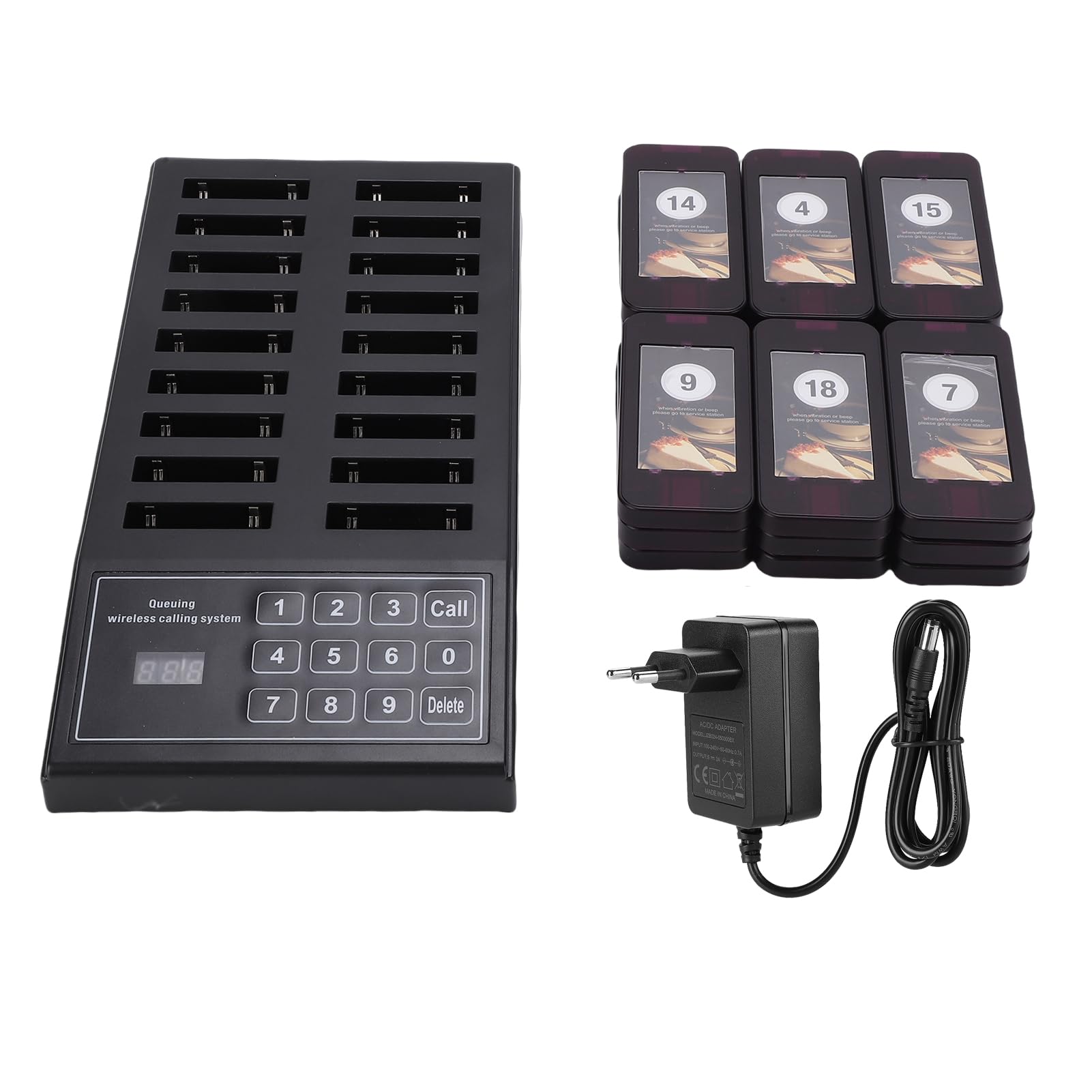 Cercapersone per Ristoranti, di Chiamata Wireless Ricaricabile, Kit Cercapersone con 1 Trasmettitore e 18 Ricevitori, per Ristoranti, Aree Ristorazione, Hotel (Spina europea)