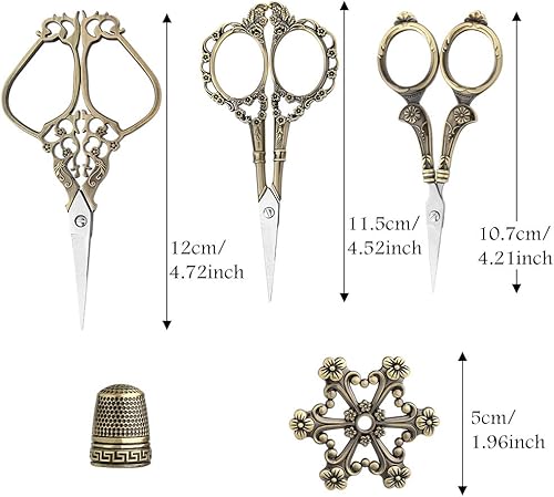 Miniatura 2 de 3 pares de tijeras de precisión de acero inoxidable estilo europeo vintage dedal y bobina de hilo de metal herramientas de costura vintage completas