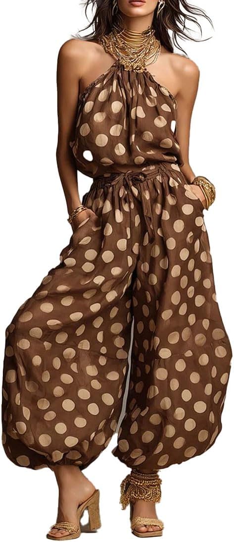 Wuitrie Women's Sexy Polka Dot Halter Jumpsuit Flowy Wide Leg Pants Sleeveless Backless Summer Beach Vacation Casual Sets