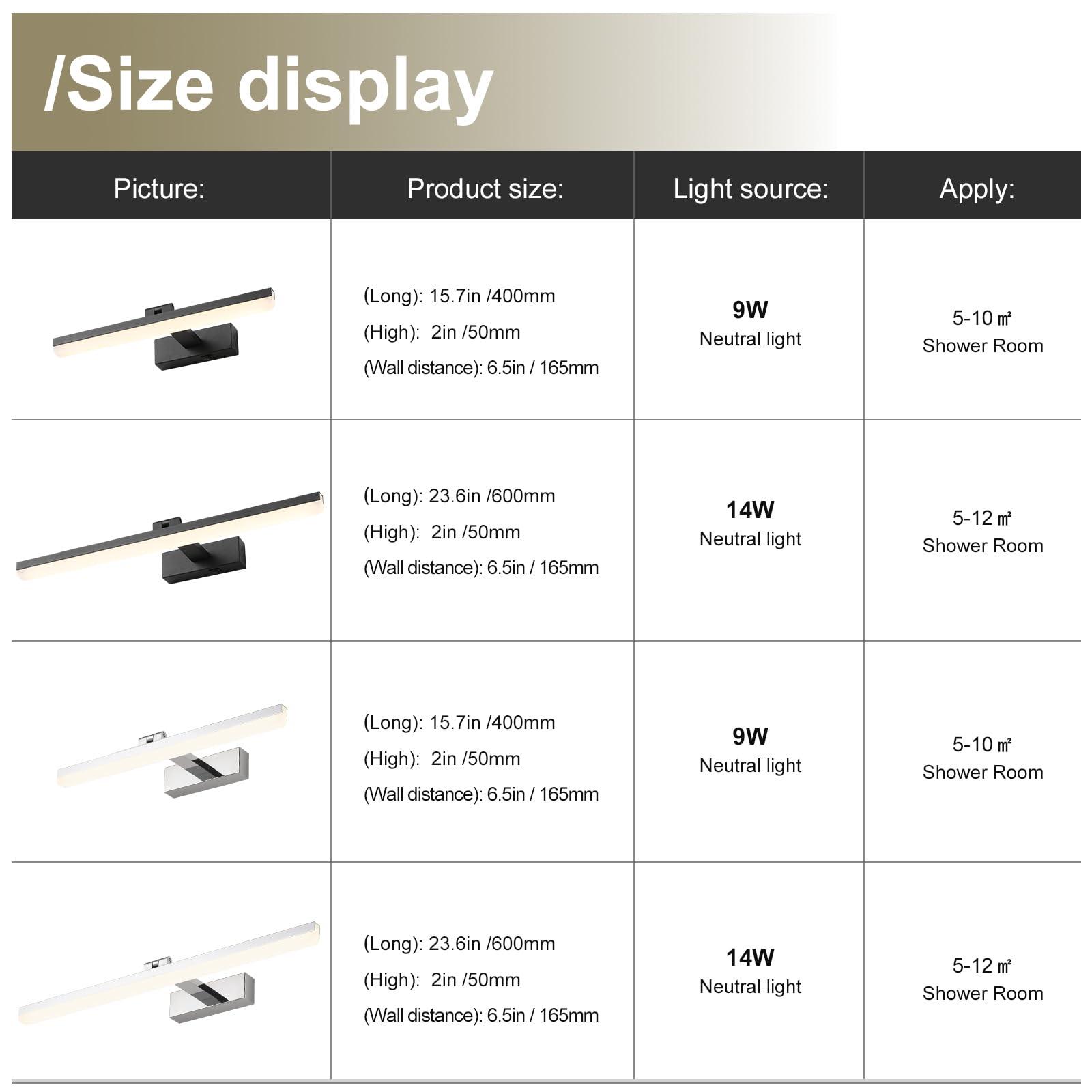 LED Lampada a Specchio 60cm, 18W IP44 Lampada a Specchio Bagno, Lampada da Lampada Da Parete Alluminio Bagno Lampada Da Parete Bagno, Bianco Naturale 4000K, Nero