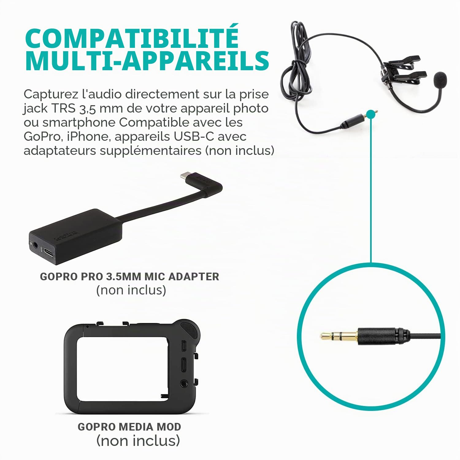 Movo ACM400 Microphone omnidirectionnel à col de Cygne Flexible pour Casque Motovlogging Moto Vlog Action Cam - Compatible avec GoPro Media Mod