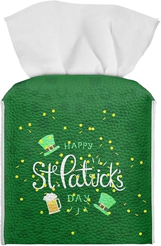 Caja de pañuelos de cuero para el día de San Patricio, soporte cuadrado para caja de pañuelos para el hogar, organizador de papel decorativo,