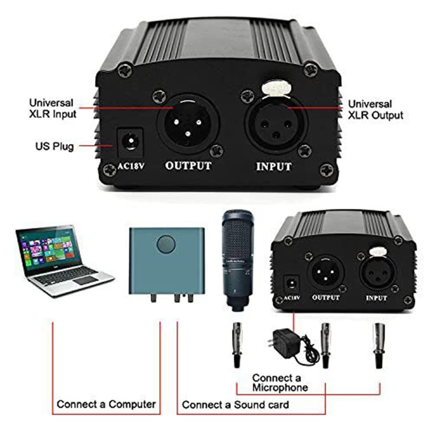 1-Kanal 48V Phantom Leistungversorgung, Phantomspeisung mit Adapter für alle Kondensor Mikrofone Musik Rekorder Ausrüstung Musikaufnahmemittel (European regulations)