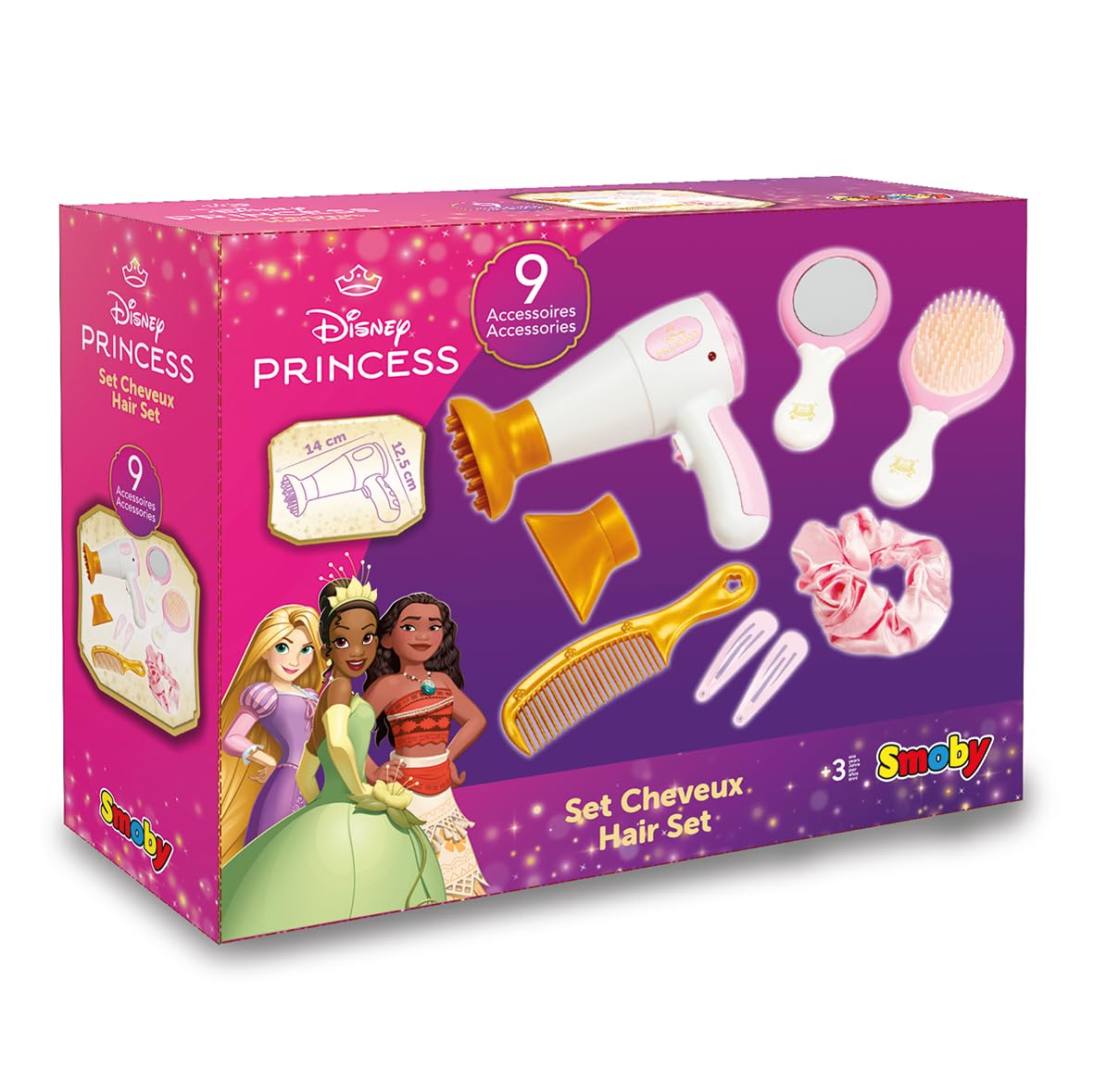 Smoby - Princesas Disney - Set de Peluquería - Juguete de Imitación - 9 Accesorios - Luces y Sonidos - A partir de 3 Años