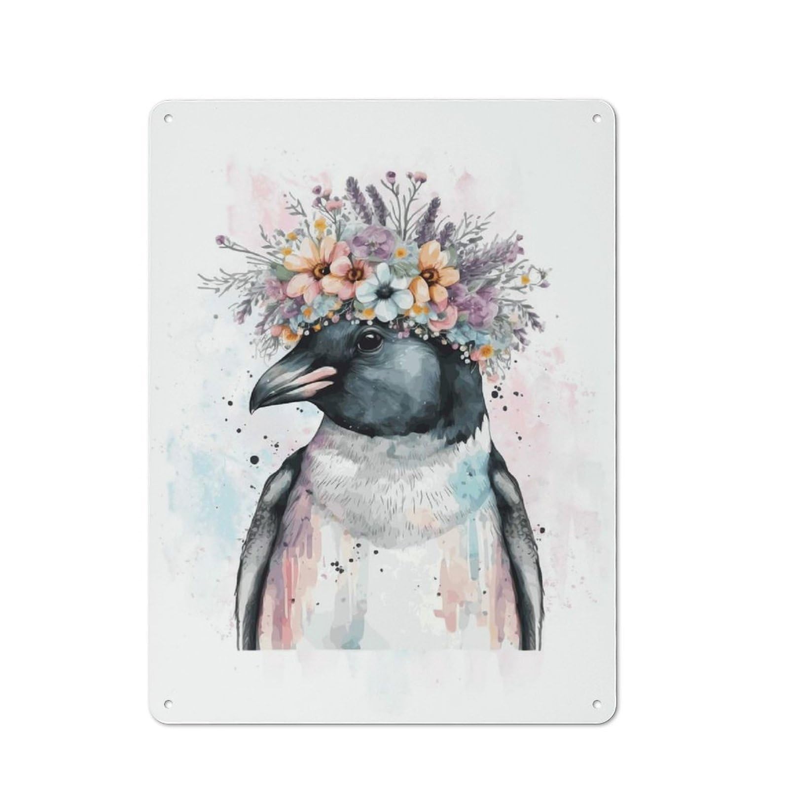 Metal Wall Plaque with Cute Floral Penguin Art Design 40x30cm, Old Fashioned Vintage Wall Decor for Living Room, Hallway, Kitchen Or Cafe