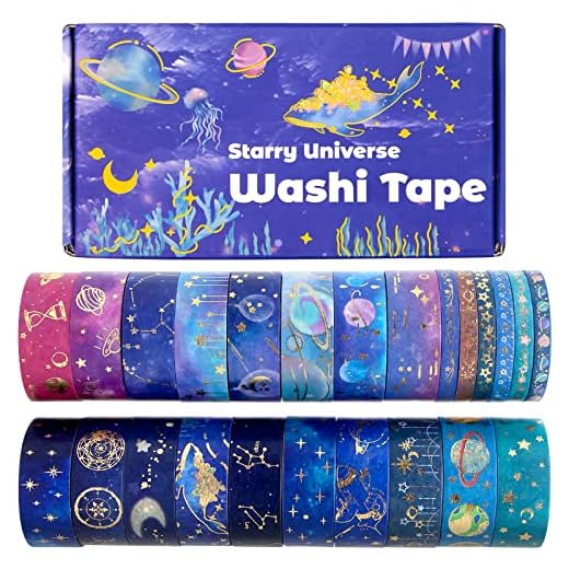 Biuunsf 24 Rollos Washi Tape Set - Galaxy Lámina Dorada Cinta Adhesiva Decorativa de Constelación, Estrellas, Celestial para Scrapbooking, Bullet Journal, Diy Crafts, Manualidades, Regalos Envoltura