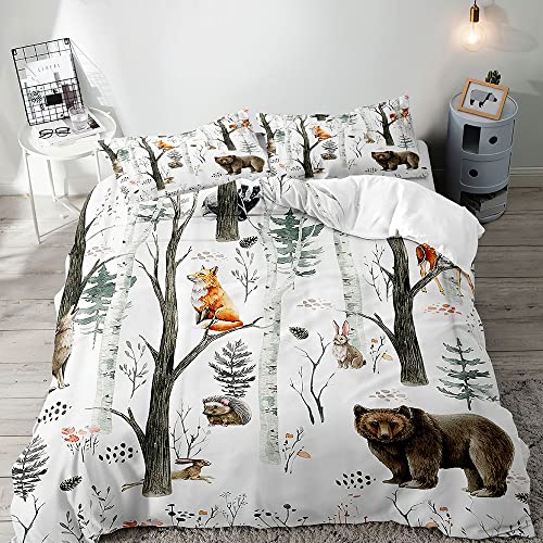 Vivihome 2Pcs Cartoon Woodland Forest Animal Duvet Cover, Twin Bedding, White Bedding, Baby Boys Girls Kids Bedding, Bear Deer Fox Wolf Rabbit Rustic Cabin Lodge Quilt Comforter Cover, 1 Pillowcase #TOP14