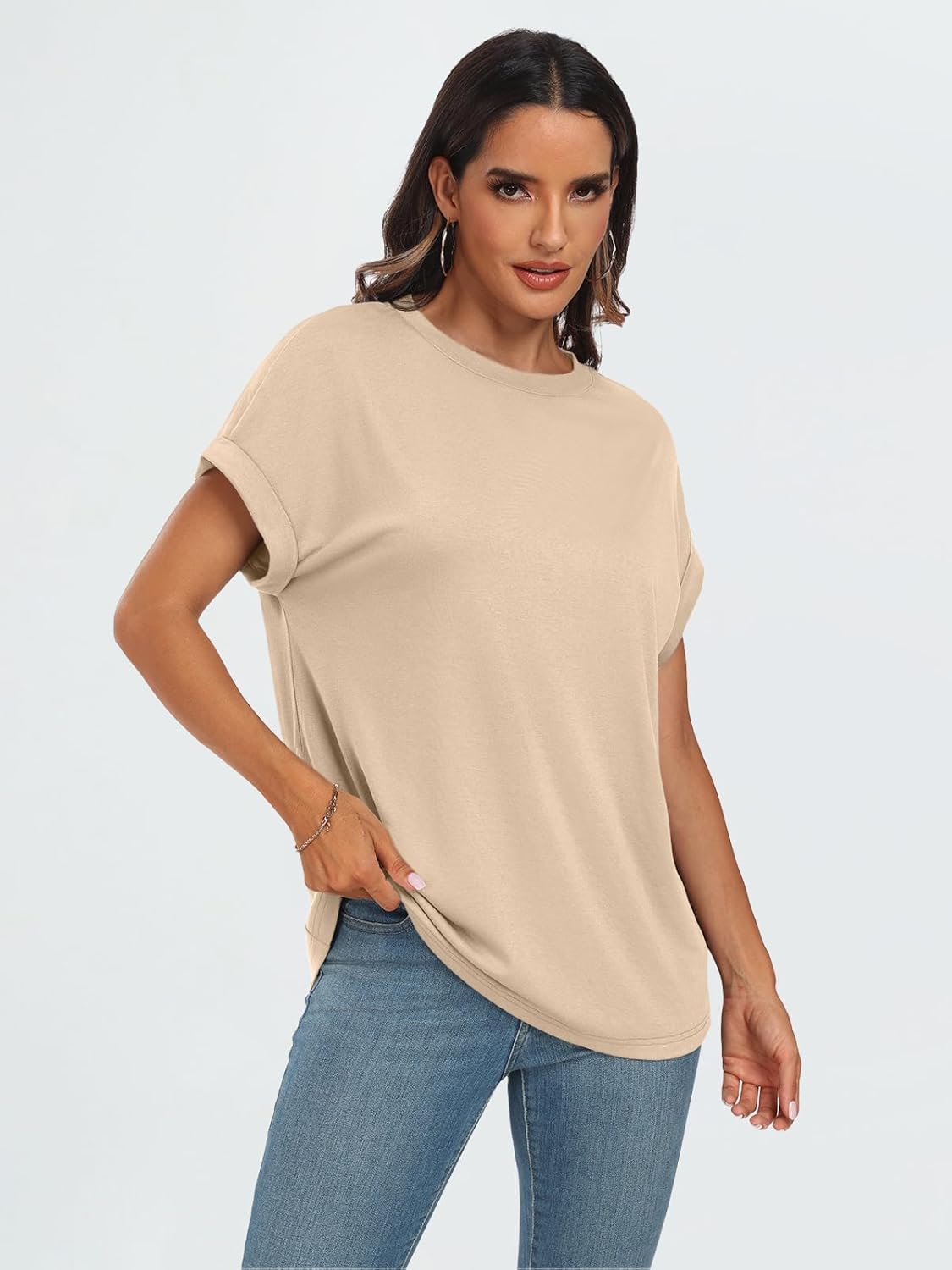 AUTOMET Women's Oversized Short Sleeve T-Shirt, Casual Drop Shoulder Top with Roll-Up Cuff Sleeves for Summer - Image 3