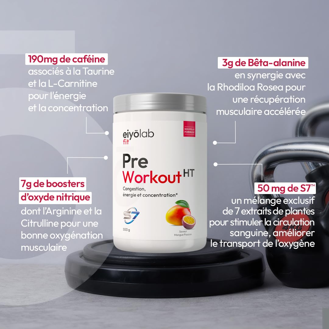 PRE WORKOUT HT | Booster Musculation sans Créatine | 3g de Bêta-Alanine + 3g d'Arginine + 4g de Citrulline + 200mg de Caféine + S7 | Énergie + Congestion Musculaire | 500g | Mangue Passion | Eiyolab