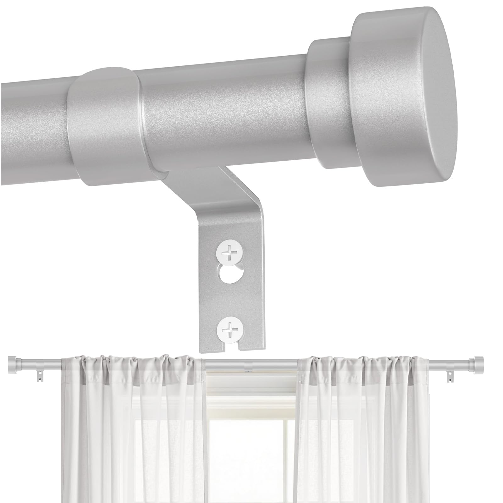 silver curtain rods for windows 32 to 120 inch, heavy duty curtain rod adjustable length, 1 inch diameter modern decorative curtains rods(silver,32-120")