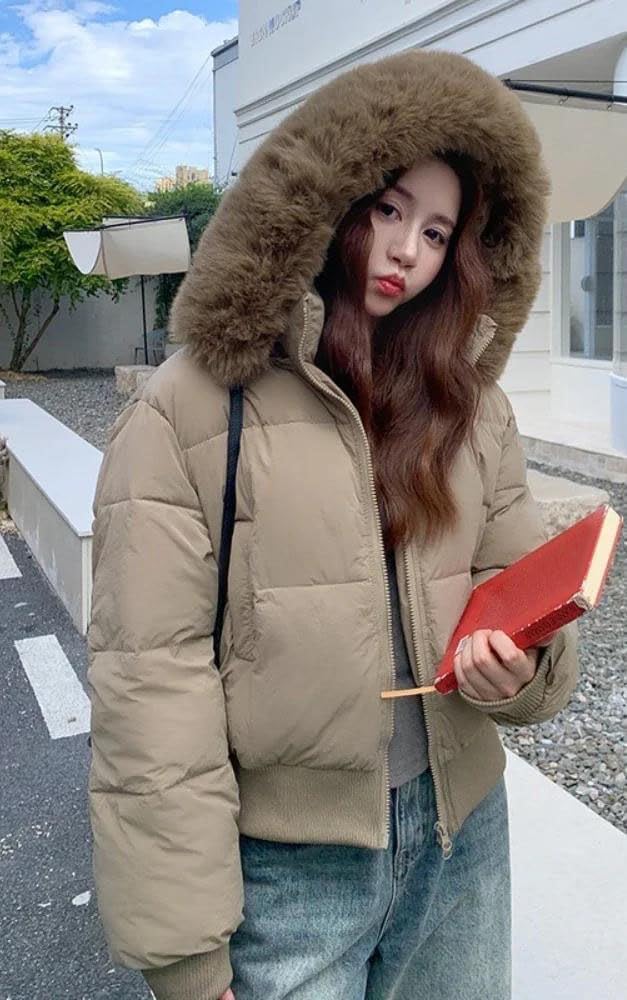 Women's Winter Short Down Cotton-Padded Jacket Thickened Warm Hooded Parka Jacket Fur Trim Casual Coat