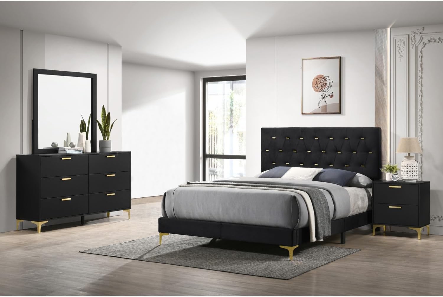 Lexie Black/Gold 4-Piece Tufted Panel Queen Bedroom Set - Black - Wood - Diamond Tufted Headboard - Bedroom Retreat - Elegant Finish