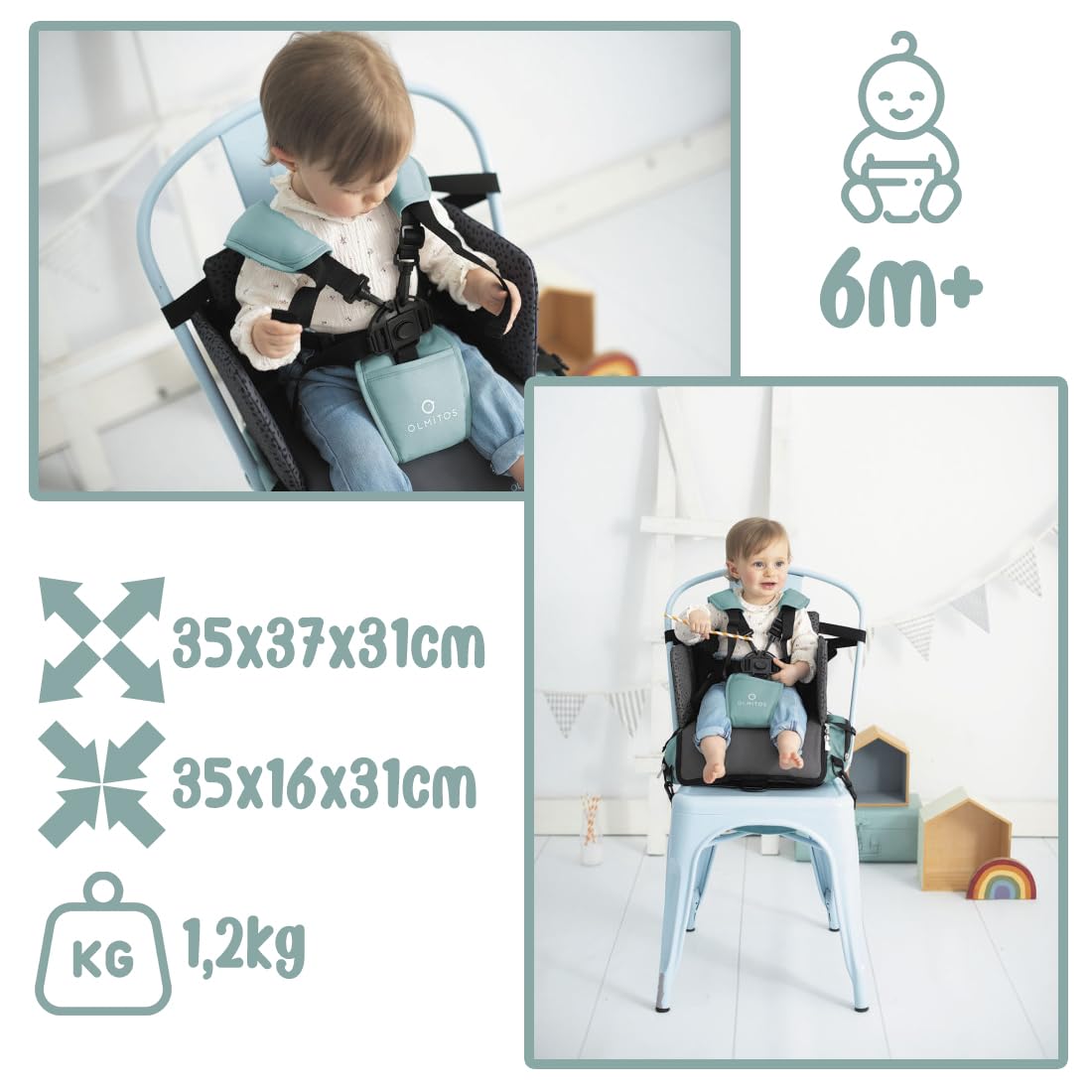 Olmitos - Asiento Elevador para Bebé 3 en 1 TIGER: Asiento, mochila y bandolera -Universal Correas Ajustable - Montaje Rápido - Bolsillos Prácticos - Trona portátil bebé - Trona de viaje(TIGER)