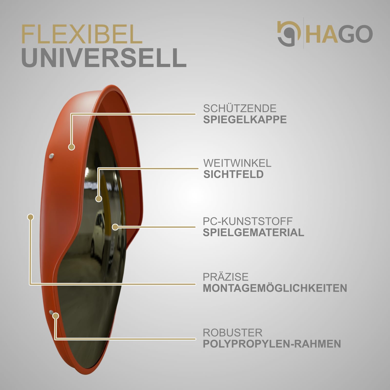 HAGO24 | Verkehrsspiegel | Konvexspiegel | Panoramaspiegel | Überwachungsspiegel | Ø43cm Outdoor | Kunststoff | Außenspiegel | Wandspiegel | Sichtwinkel 130-160°