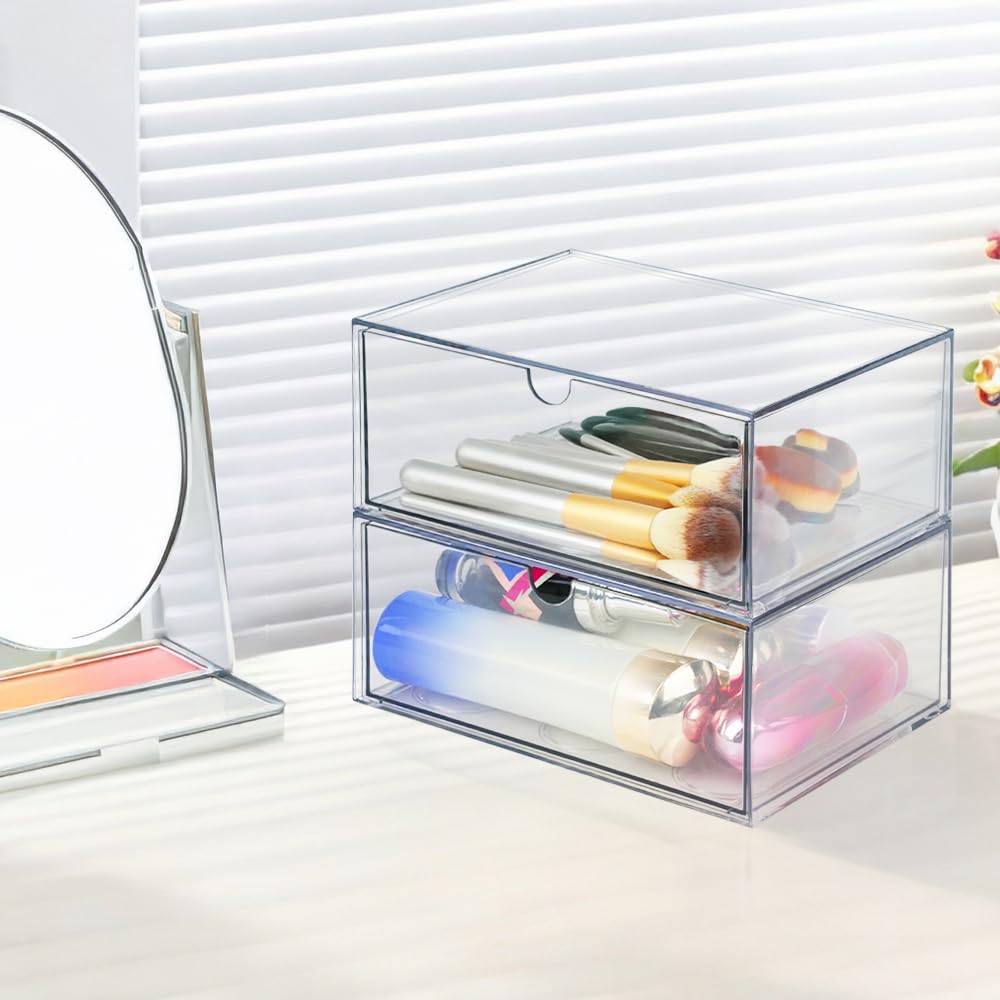4 Piezas Organizador de Cosméticos Apilable, para Cosméticos, Baño | Organizador de Maquillaje Acrílico Transparente, Cajón de Almacenamiento de Escritorio, Vitrina Acrílica