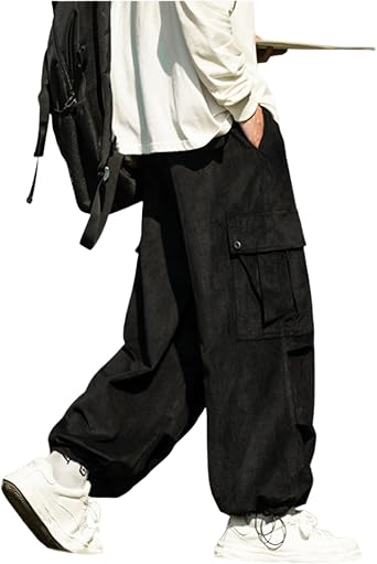 foveitaa Mens Cargo Pants, Corduroy Long Pants, Oversized, Wide Pants, Relaxed Pants, Gaucho Sweatpants, Sports, Outdoors, Adjustable Drawstring, Elastic Waist, Popular, Plain, Spring Clothes, Autumn
