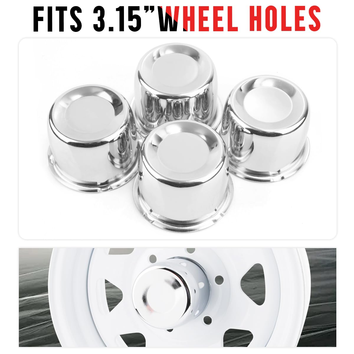 RhinoTuning Lot de 4 cache-moyeux de roue 3,15" Cache-moyeux OD 80 mm H 68 mm, Cache-moyeux de roue en acier au carbone Convient pour berlines, véhicules tout-terrain, remorques, camions, Chrom