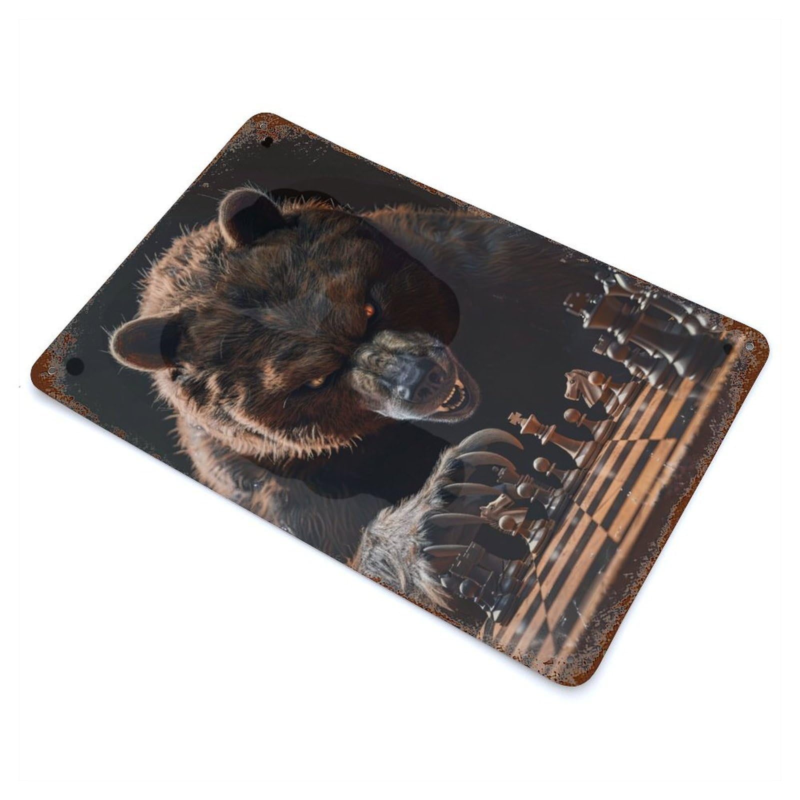 Grizzly Bear Chess Rust Effect Tin Sign 11.8"x7.9", for Bistro, Counter And Cafe Decor, Shabby Chic Decor