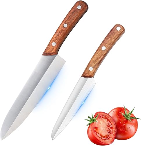 Juego de cuchillos de chef, paquete de 2 cuchillos de corte de carne de acero inoxidable + cuchillo de fruta, cuchillos de cocina afilados con mango