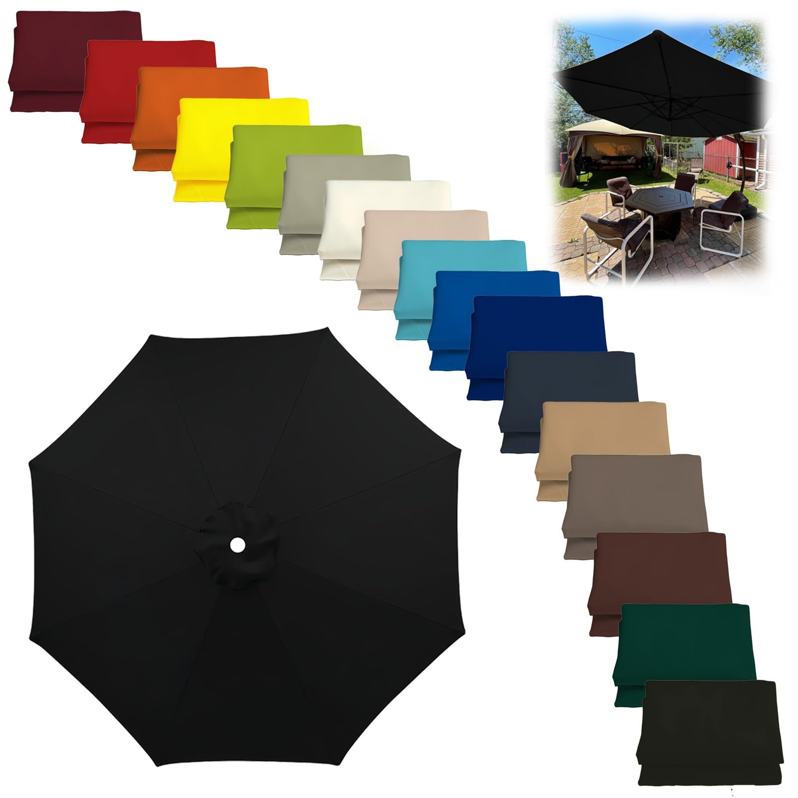 300CM/9.8FT Outdoor Patio Umbrella Replacement Canopy, 8 Ribs Umbrella Canopy Cover Replacement Fabric, 270CM 230CM Parasol Table Market Yard Umbrella Replacement Top Cover(Black,230CM-7.5FT)