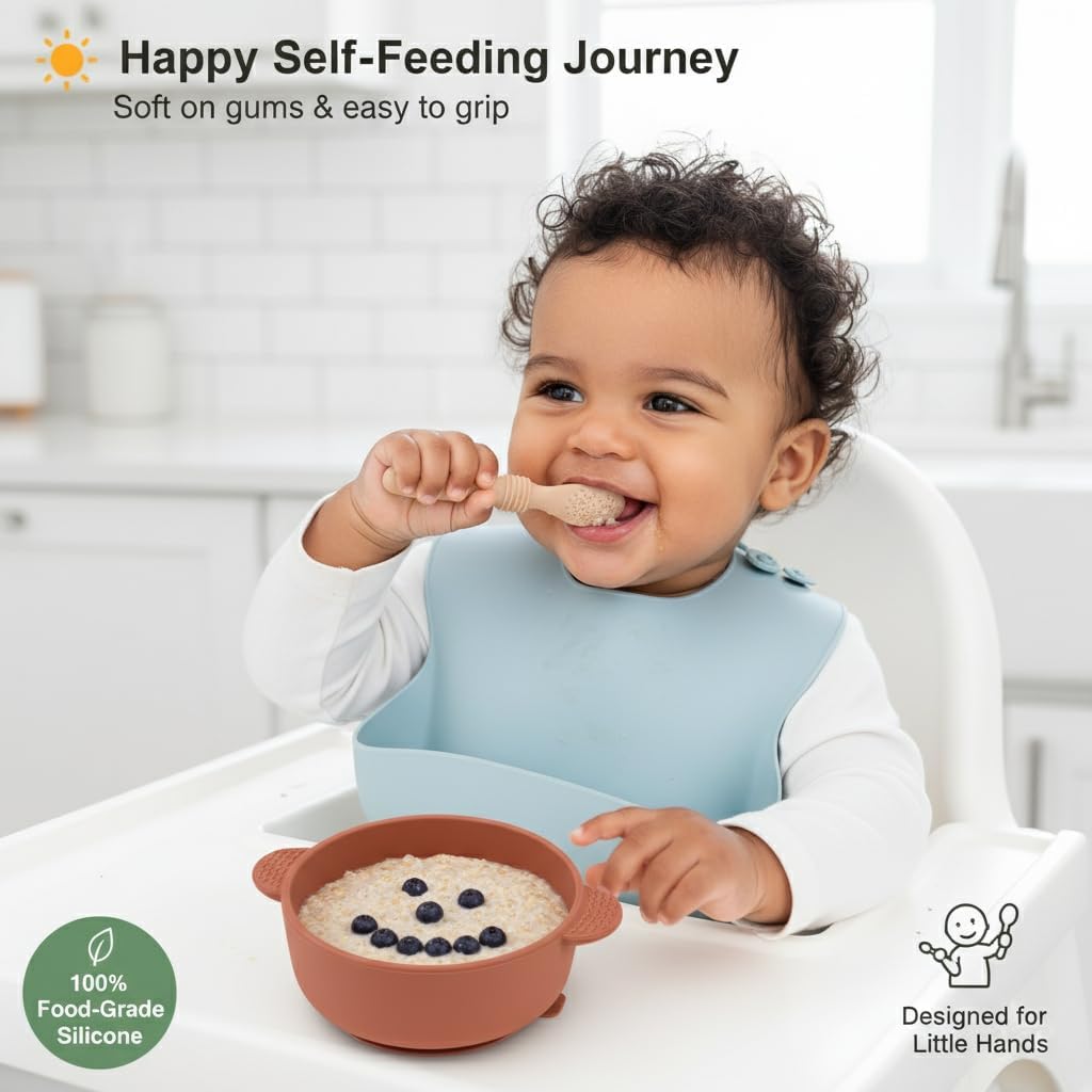 Baby Silicone Spoons for Infant, Toddler, & Kid Friendly Utensils - First Stage, Baby Led Weaning (Grey)