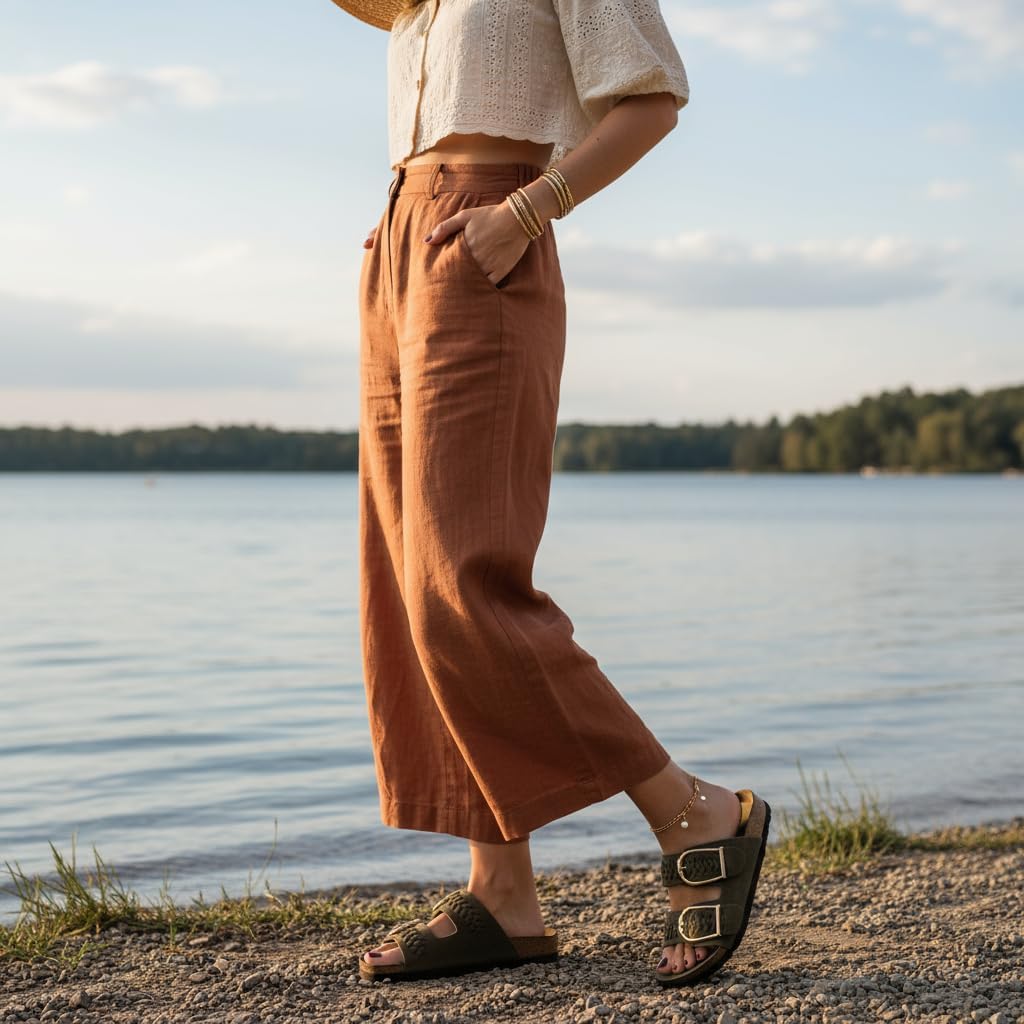 CUSHIONAIRE Cashew Slip On Genuine Suede Leather Womens Sandals - Braided Double-Strap Design with Adjustable Big Buckle Sandals for Women - Image 7