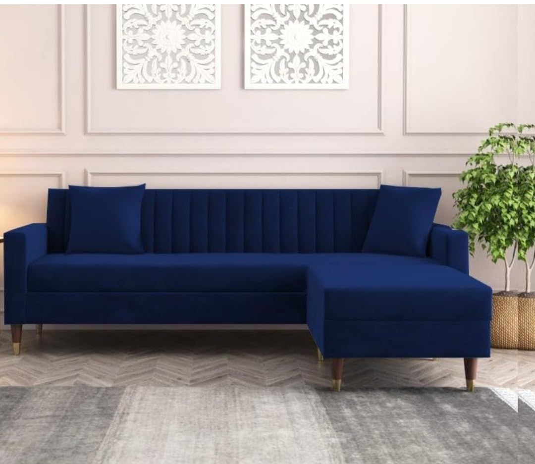 Authentic Mart Cascade L Shaped Corner 4 Seater Sofa in Sal Wood for Living Room Interchangeable Lounger in Royal Blue Velvet (L 74" x W 60" x H 32")